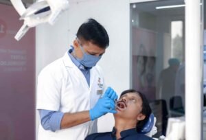 City dental hopsital doctor examining patient