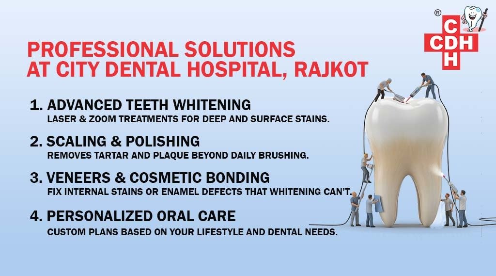 Infographic of a giant tooth being cleaned byCity Dental Hospital Rajkot’s to treat yellow teeth.